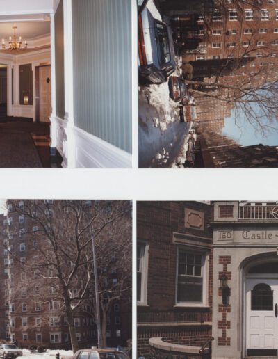 A collage of four photos showcasing different views of an apartment building: an interior hallway, the building's exterior from a street-level angle, a view of the building from a low angle, and the entrance sign.