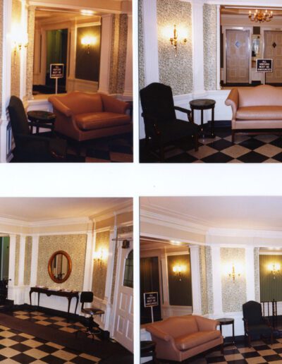 Four images of a vintage-style room with a checkered floor, elegant furniture, and ornate wallpaper, shown from different angles.