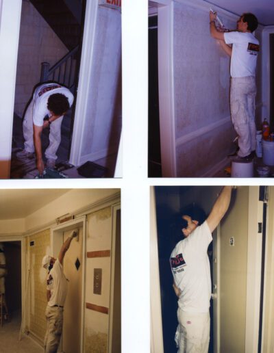 A montage of four photos showing a person applying wallpaper inside a building.