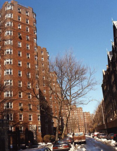 A tree-lined street with parked cars and tall brick apartment buildings on a sunny day with remnants of snow on the ground.