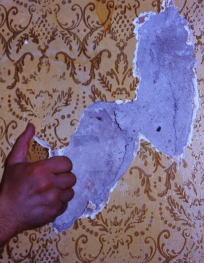 A person pointing to a peeling section of wallpaper.