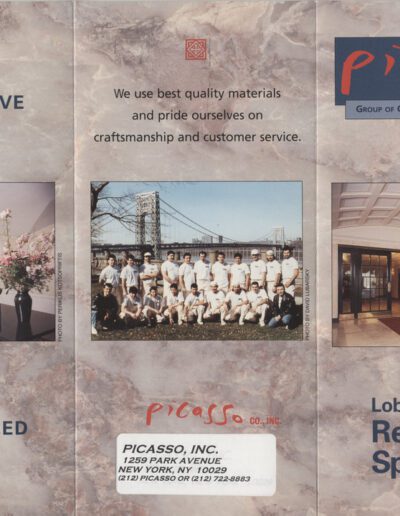 A triptych advertisement for picasso, inc. showcasing renovation services with a focus on competitive prices, quality materials, and guaranteed craftsmanship.