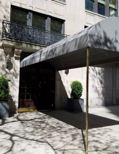 Elegant building entrance with a gray awning marked "25" and brass-framed doors, flanked by green potted plants, on a sunny day.