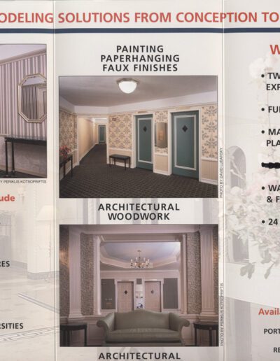 Interior design and remodeling services advertisement highlighting various offerings, including painting, faux finishes, architectural woodwork, and comprehensive decor solutions.