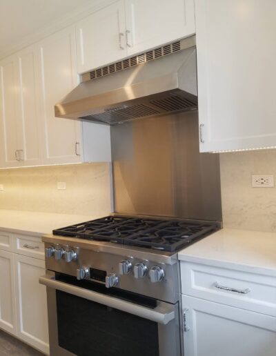 Stainless steel range and hood in a modern kitchen with white cabinetry and marble backsplash.