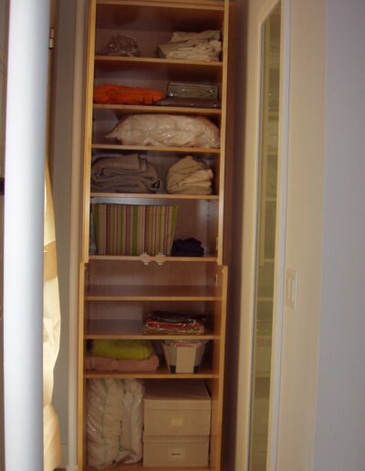 An open, tidy wardrobe with neatly organized shelves containing clothing and storage boxes.