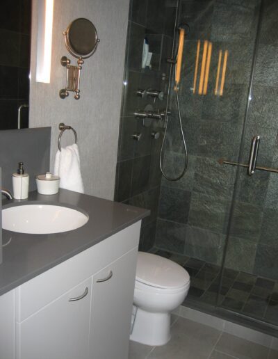 A modern bathroom with a glass shower enclosure, white vanity, and ceramic toilet.