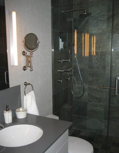 Modern bathroom with glass shower enclosure and vanity area.