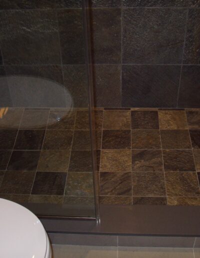 Modern bathroom with a walk-in shower featuring dark tiled walls and floor.