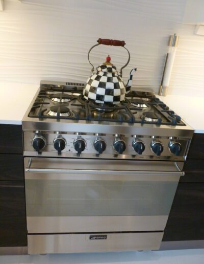 Stainless steel gas stove with a checkered kettle on top.